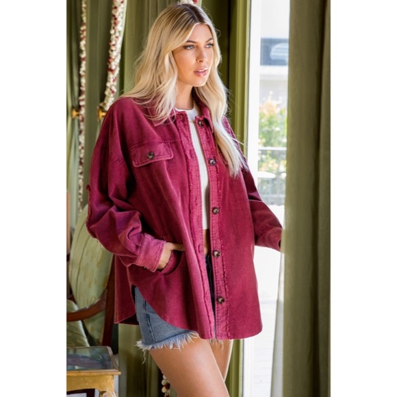 SOLD OUT Burgundy Corduroy Washed Shacket Oversized Relaxed Casual Shirt Jacket - Picture 2 of 4